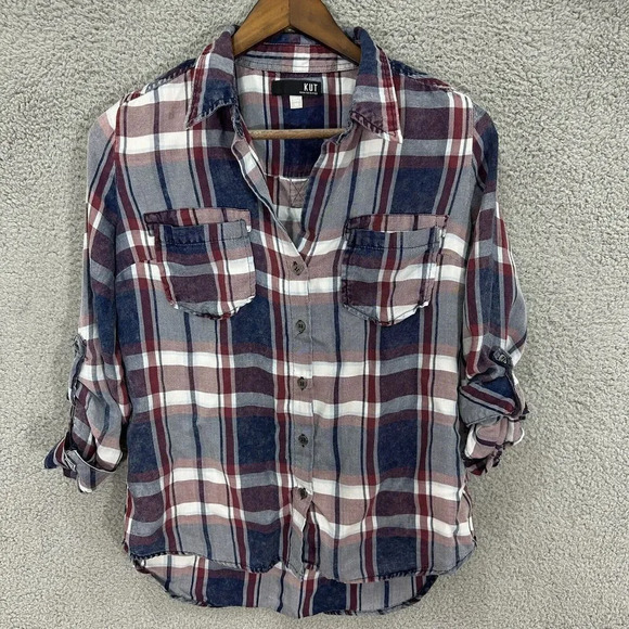 Kut from the kloth top womens XS blue plaid popover roll‎ tab sleeve oversized - Picture 1 of 8